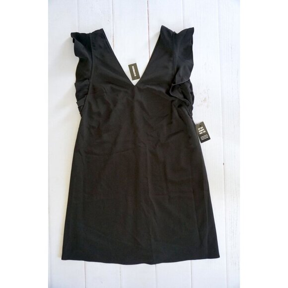 Express V Neck Ruffle Short Sleeve Shift Dress Black Lined - Size XS, NWT - Picture 3 of 10